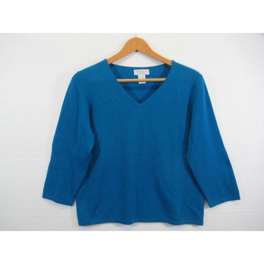 Worthington Cashmere Sweater Women Large Teal Blue 3/4 Sleeve